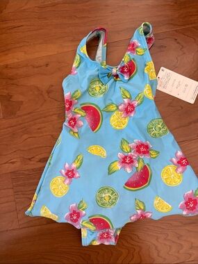 Fun Blue Tropical Fruit Print One-Piece Swimsuit Japanese Brand